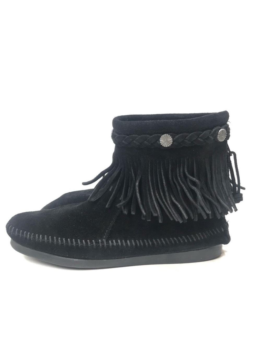 Minnetonka Black Suede Fringe Ankle Booties Moccasins